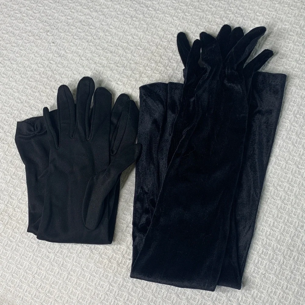 Two pair formal gloves- velvet above elbow and non velvet forearm length